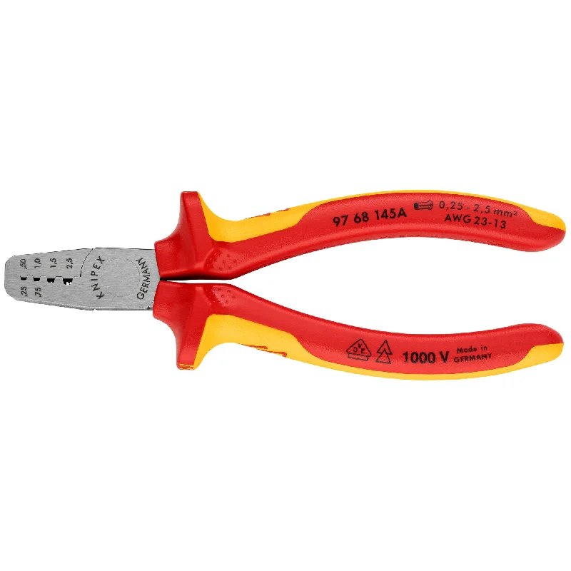 Precision Pliers for Fine Electrical Work-Knipex 97 68 145 A 5 3/4" Crimping Pliers for Wire Ferrules-1000V Insulated