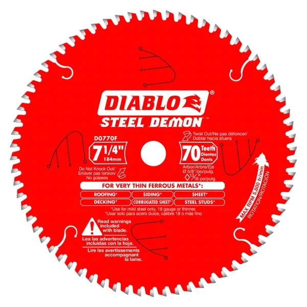 Softwood Saw Blades for Cutting Pine and Fir-Diablo D0770FA 7-1/4 in. x 70 Tooth Steel Demon Carbide-Tipped Saw Blade for Metal