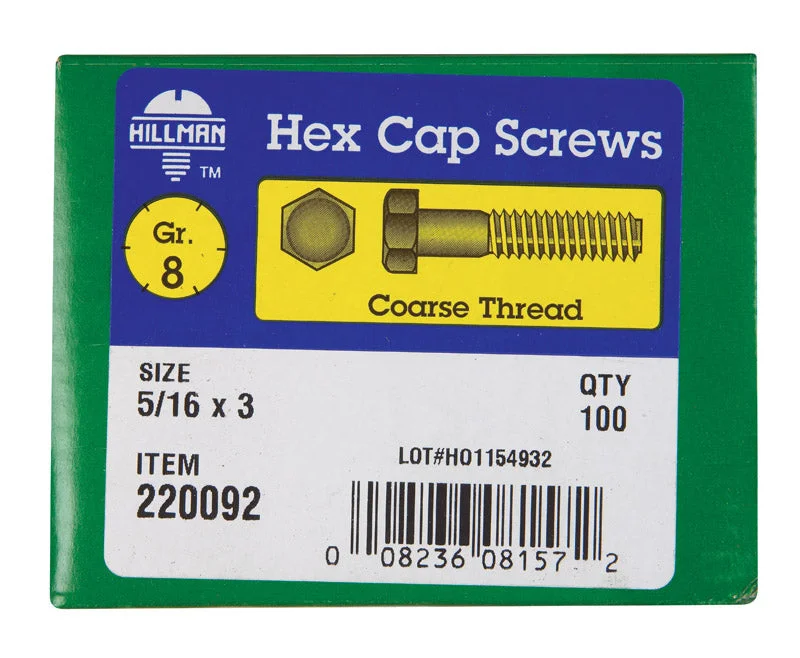 Screws for Joining Thin Metal Sheets-HILLMAN 5/16 in. D X 3 in. L Heat Treated Steel Hex Head Cap Screw 100 pk