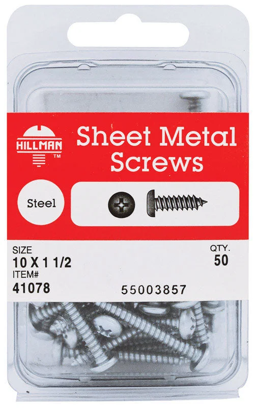 Screws for Cabinet Assembly and Furniture-Hillman No. 10 x 1-1/2 in. L Phillips Pan Head Zinc-Plated Steel Sheet Metal Screws 50 pk (Pack of 5)