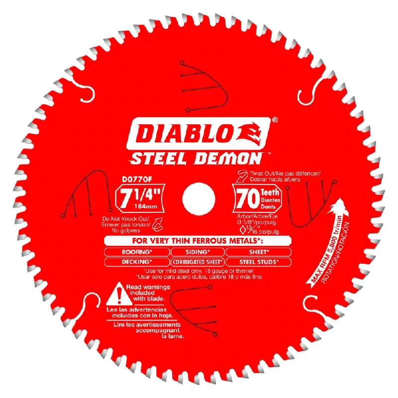 Thin Kerf Metal Saw Blades for Fine Precision-Diablo D0770F 7-1/4" x 70T x 5/8 Steel Demon Ferrous Cutting Saw Blade