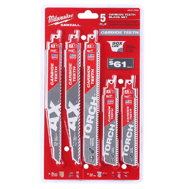 Fast-Cutting Saw Blades for Industrial Projects-Milwaukee 49-22-5505 5pc Carbide Teeth SAWZALL Blade Set