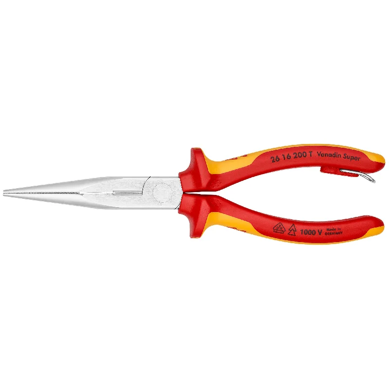 Pliers for Fastening and Loosening Nuts and Bolts-Knipex 26 16 200 T 8" Long Nose Pliers with Cutter-1000V Insulated-Tethered Attachment