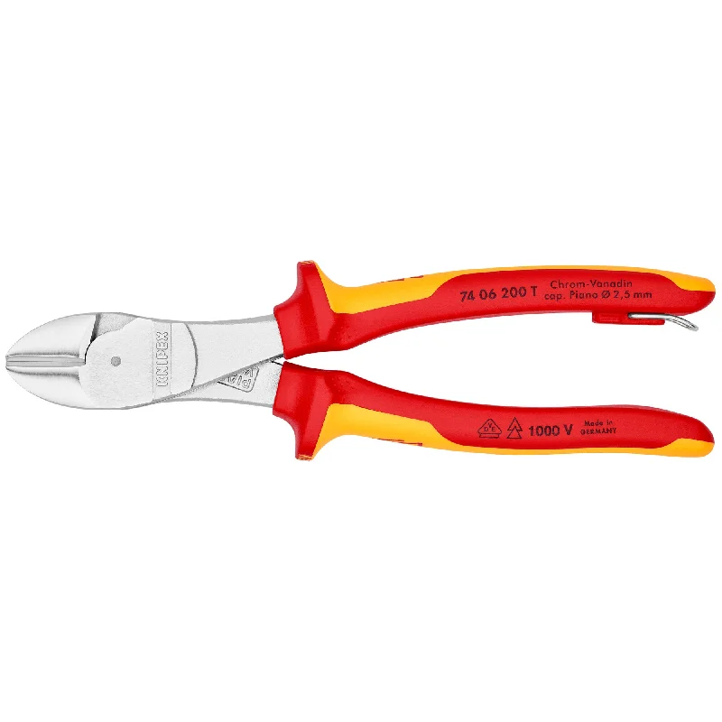 Professional Needle Nose Pliers for Detail Work-Knipex 74 06 200 T 8" High Leverage Diagonal Cutters-1000V Insulated-Tethered Attachment